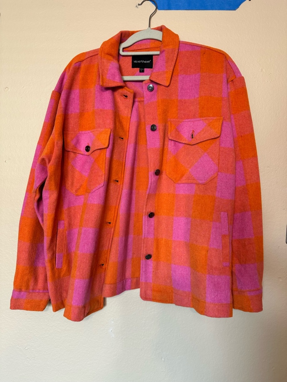 Velvet Heart Orange Pink Plaid Shacket